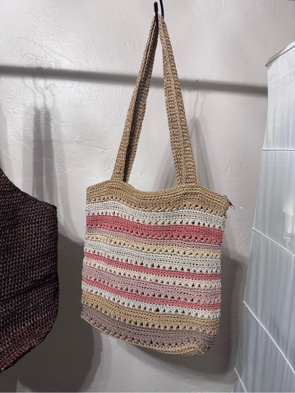 The Sak Riviera Crochet Striped Tote - Beige Coral Pink Cream Brown